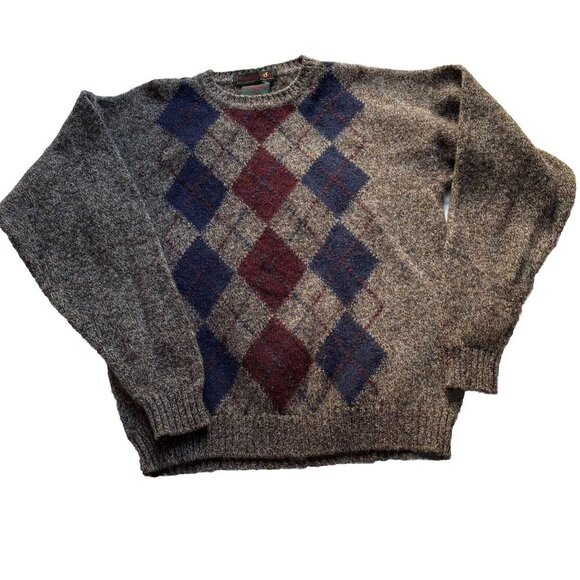 VTG Mens Plaid Sweater 100% Shetland Wool‎ Pullover Sz M Made In England Hunting